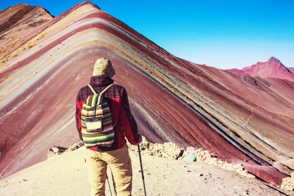 Hiking scene in Vinicunca, Cusco Region, Peru. Montana de Siete Colores,  Rainbow Mountain.