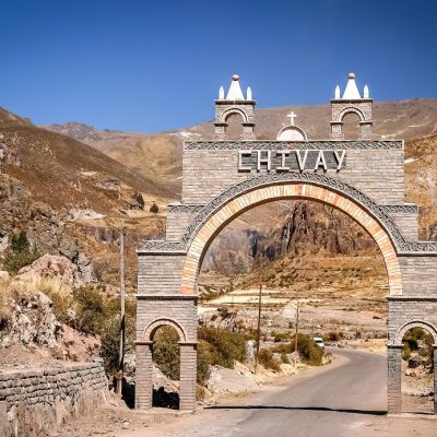 Entry gate to the Chivas village which is the starting point for trips to the Canyon Colca, Peru